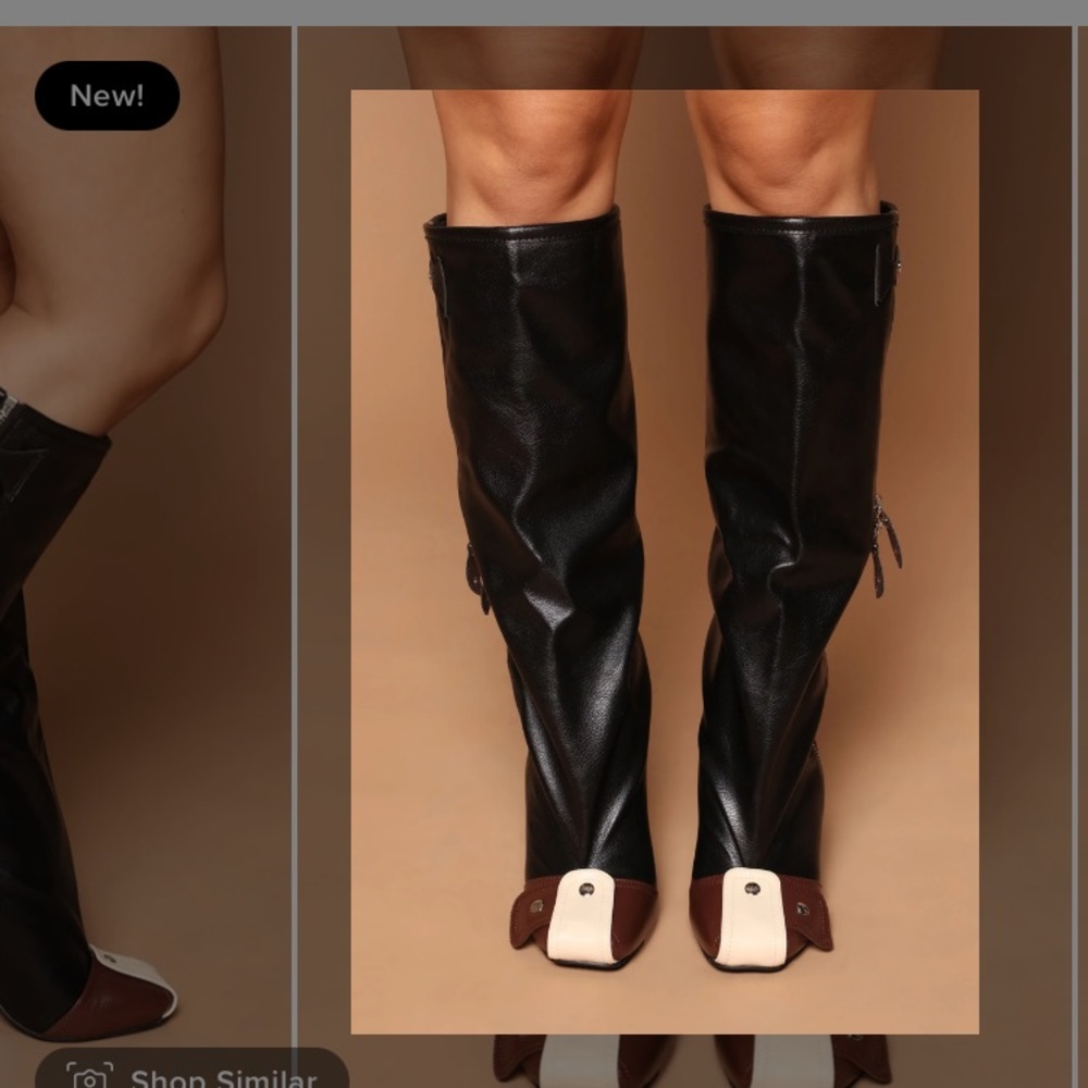 Black Leather Knee Boots with Blue Wedge Heel - Picture 2 of 10